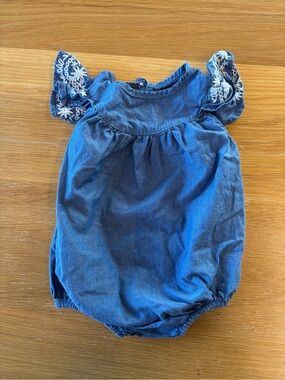 Denim Blue Baby Romper with Embroidered Flutter Sleeves
